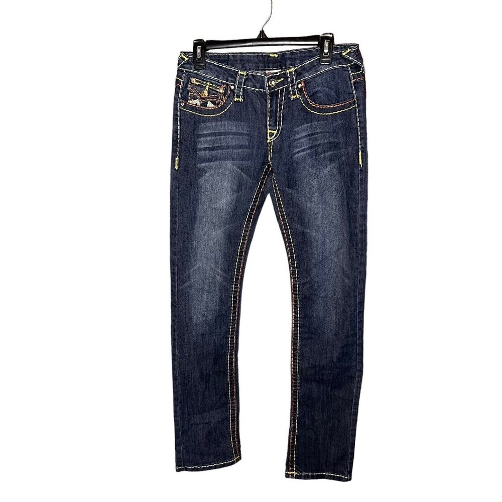 True Religion Women's Straight Leg Jeans - Blue with White & Orange Stitching - Picture 3 of 8